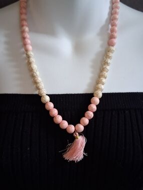 Pink and Cream Beaded Tassel Necklace
